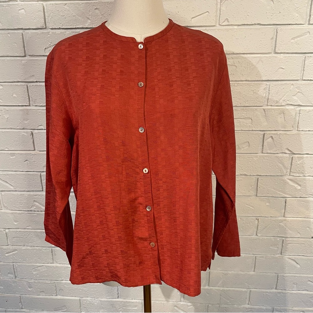 Vintage Eileen Fisher Silk and Linen Blend Button Front Shirt Cardigan L PL